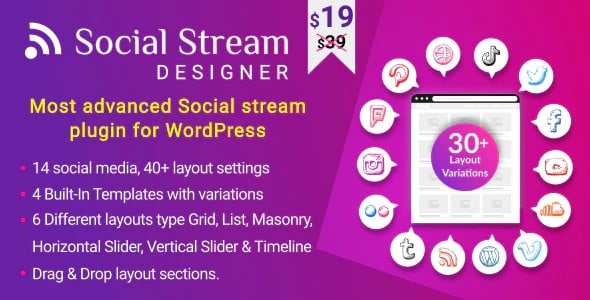 Plugin Social Stream Designer Instagram Facebook Twitter Feed - WordPress