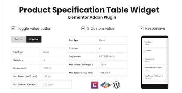 Plugin Product Specification Table Widget For Elementor - WordPress